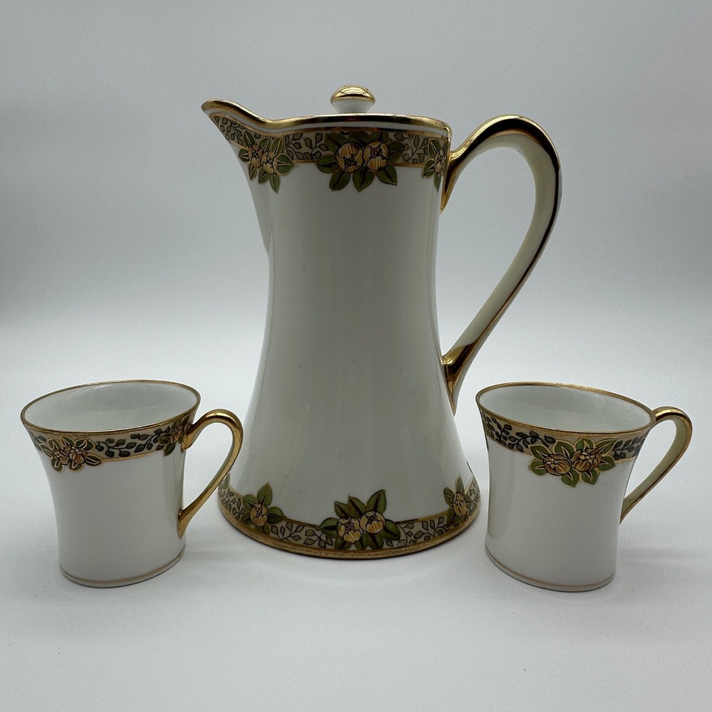 Nippon Hand Painted Demitasse Chocolate Pot and 2 Cups Set Floral Gold Trim